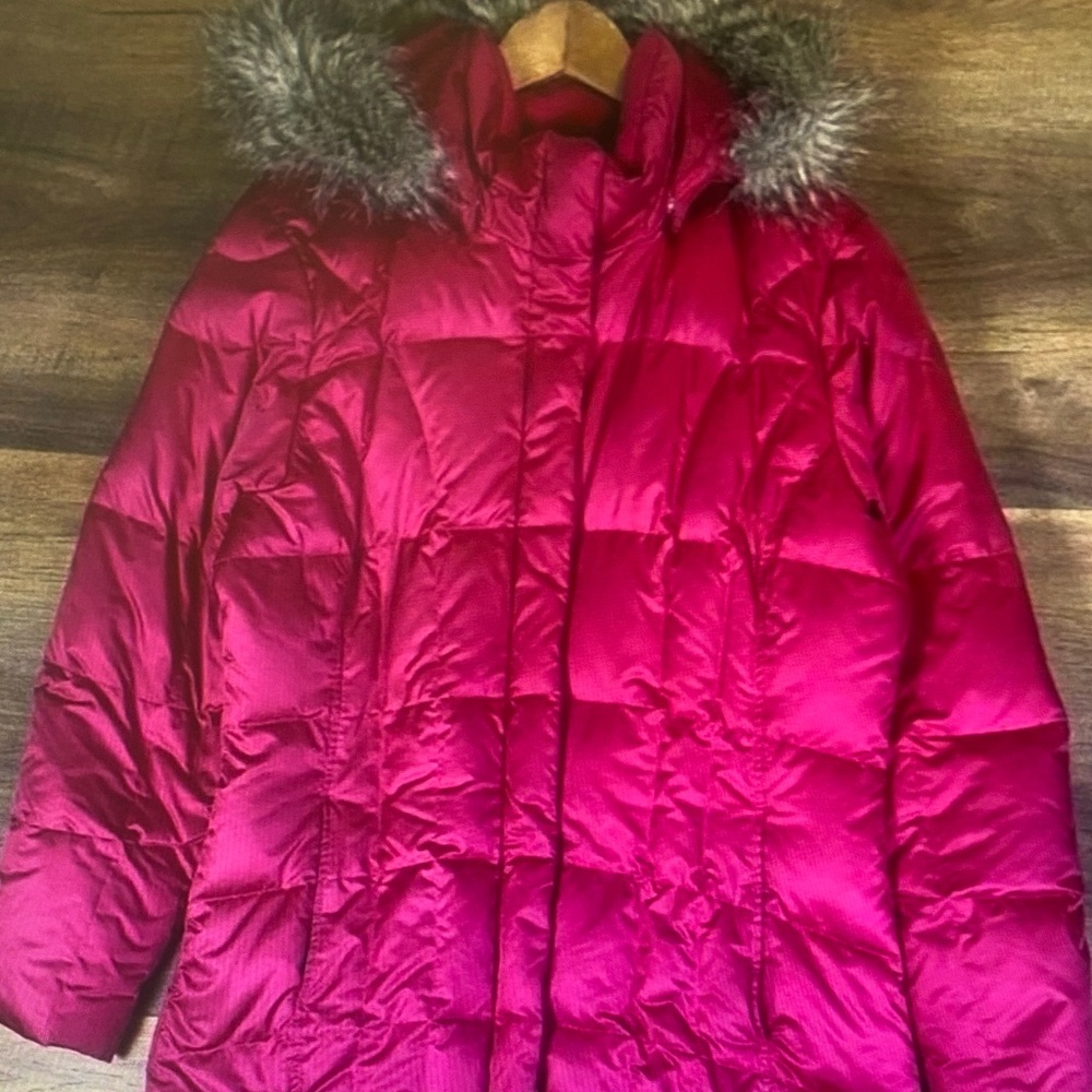 Eddie Bauer Deep Red Quilted Puffer Coat with Faux Fur Trim
